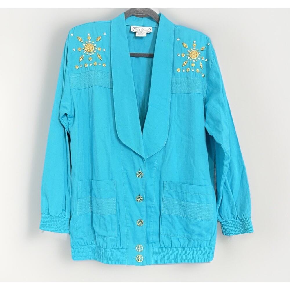 Vintage St Germain Paris Turquoise Gold Jeweled Accents Jacket Size Medium